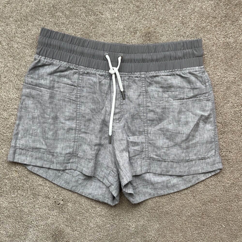 Athleta Cabo Linen Shorts 6 Gray Preppy Beach Coastal Thick Waistband 100% Linen